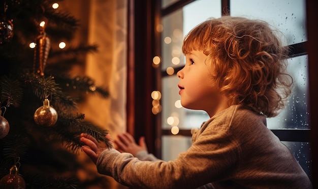 興味 を 抱く 子供 が 祝い の クリスマス ツリー を 眺め て いる