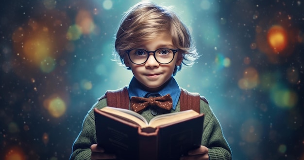 Curious child with glasses immersed in a book embarking on a reading adventure AI generated