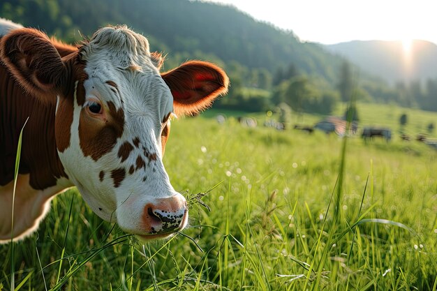 Curious cow grazes in natural summer green field