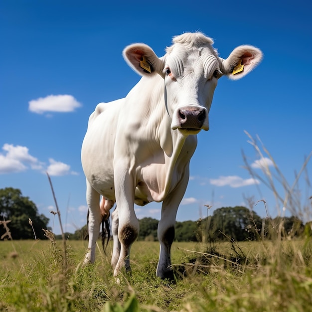 A curious cow standing in a green field looking at the camera