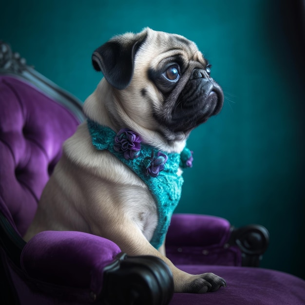 Curious cute pug on purple sofa generative AI