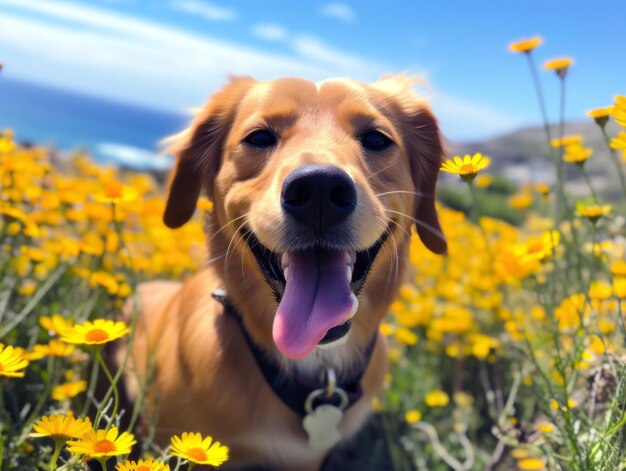 Curious dog exploring a field of blooming wildflower