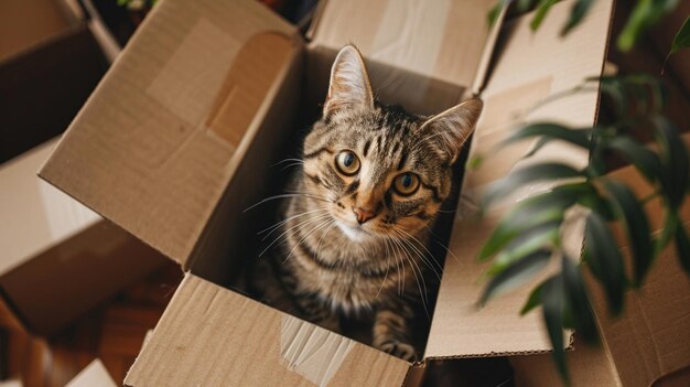 A curious domestic cat sits inside a cardboard box