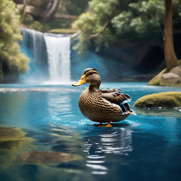 A curious duck paddles around a tranquil blue pool framed by a majestic waterfall Ai Generated