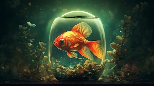 A curious fish swimming in its tank AI generated