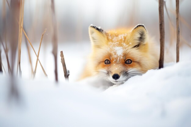 雪の後ろから見つめる好奇心のあるキツネ