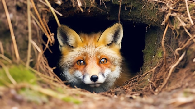 A curious fox peeking out of a den AI generated