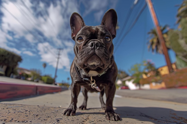 Curioso bulldog francese sotto un cielo soleggiato con palme