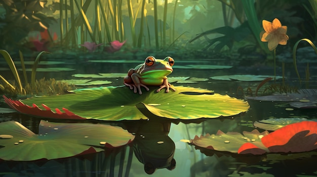 A curious frog perched on a lily pad AI generated