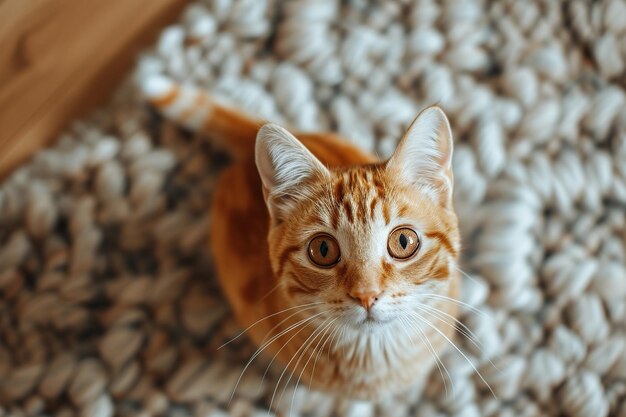 Curious ginger cat looking up in cozy living room