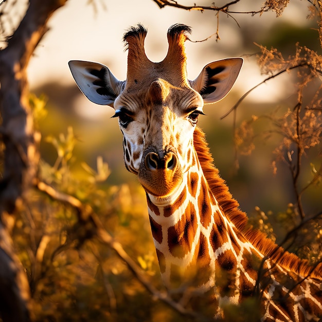 Любопытный жираф, смотрящий на вершины деревьев в обширной траве Гиперреалистичная иллюстрация Фото искусство