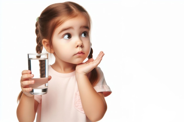 Foto ragazza curiosa che beve acqua da un bicchiere trasparente isolato su uno sfondo bianco