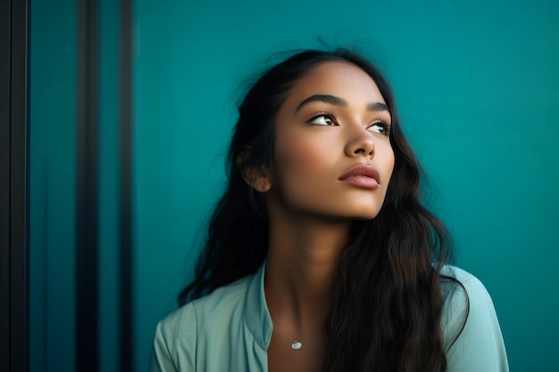 Curious Girl on Teal Background