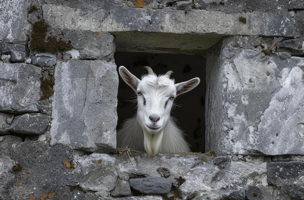 Curious Goat Peeking Through a Stone Window