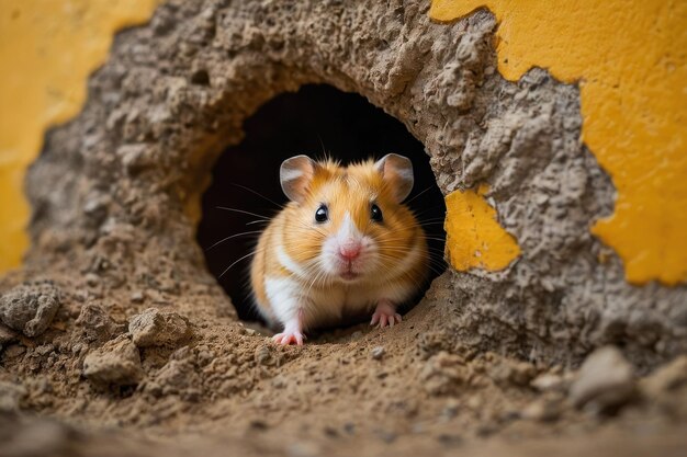 Curious Guinea Pig Peeking from a Hole in Yellow Wall