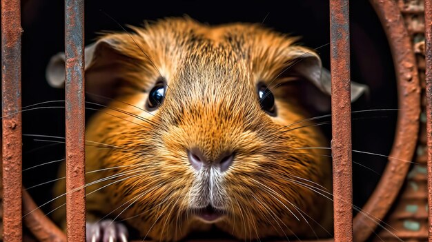 Una curiosa cavia che sbircia fuori dalla sua gabbia generata dall'intelligenza artificiale