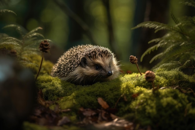 Curious hedgehog among leaves and butterflies generative IA