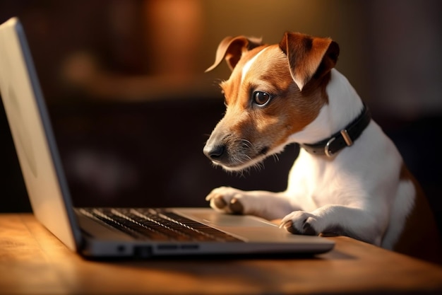 Photo curious jack russell terrier peering at a laptop generative ai