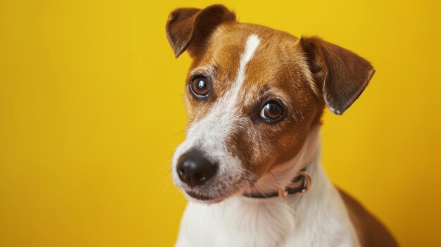 Curious Jack Russell Terrier with a head tilt against yellow backdrop