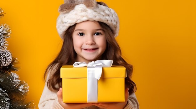 Curious kid in hat and mittens hold gift box on yellow background new year banner of christmas