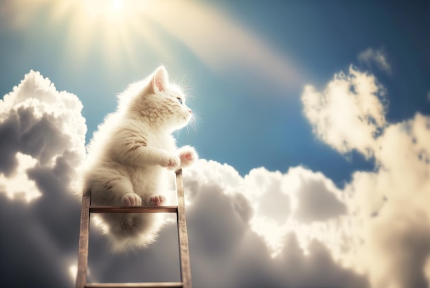 Curious kitten climbing the ladder to the sky with clouds Cute tiny cat on the stairway Generated AI