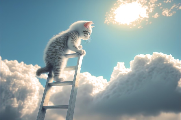 Curious kitten climbing the ladder to the sky with clouds Cute tiny cat on the stairway Generated AI