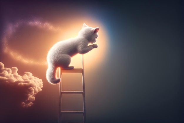 Curious kitten climbing the ladder to the sky with clouds Cute tiny cat on the stairway Generated AI