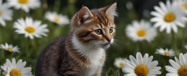 Curious Kitten Double Exposure 3D Icon Whiskers Blooms in Wild Daisy Field Stock Construction Con