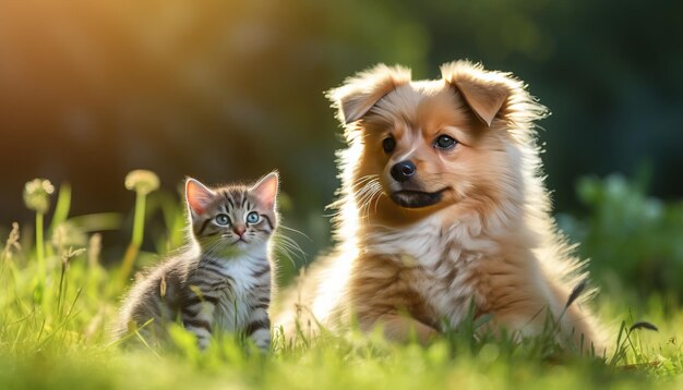 興味深い子猫と遊び心のある犬が日光のある芝生でテキストとメッセージの背景の空間がぼやけています