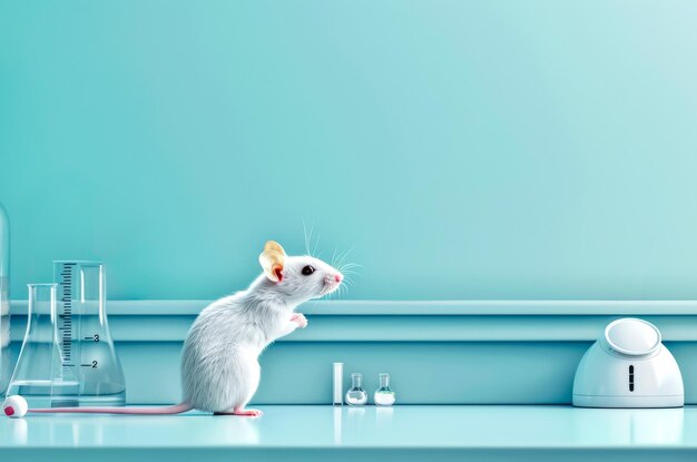 Curious lab mouse with scientific equipment on turquoise background
