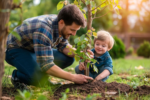庭で一緒に仕事をしている間父に木を植えるのを手伝っている好奇心旺盛な小さな男の子