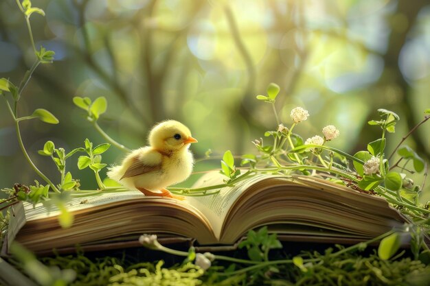 Любопытный маленький цыпленок появляется на страницах опустошенной книги