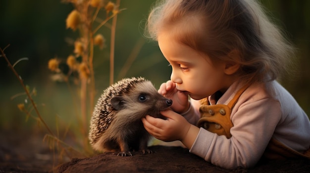 Photo a curious little girl peers in wonder at a tiny and fuzzy baby hedgehog resting in her hands