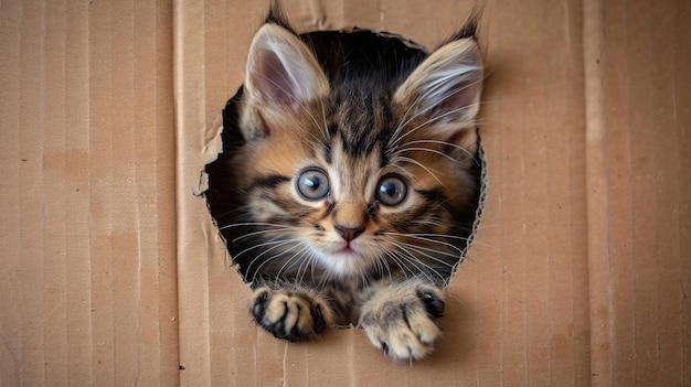 A curious little kitten peeks through a hole in a cardboard box