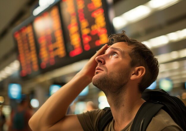 Photo curious man checking airport flight board