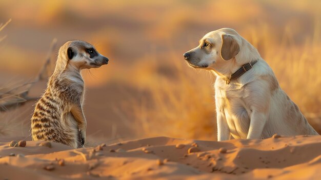 興味深いマルカットと犬が砂漠で向かい合っている犬が砂の上に座っている間マルカットは後ろ足で立っている