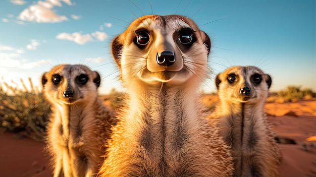 Curious meerkats standing guard in the African desert their vigilant expressions