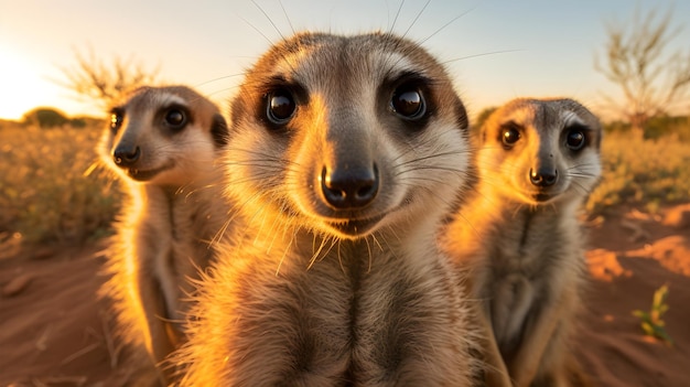 Curious meerkats standing tall their watchful eyes and intricate fur detail revealed