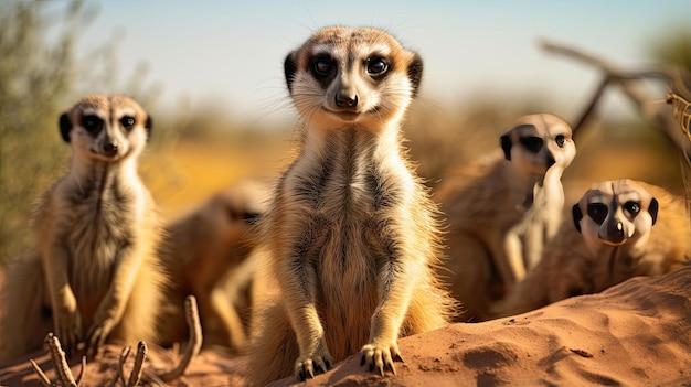 Curious meerkats standing upright to keep a watchful eye on their surroundings