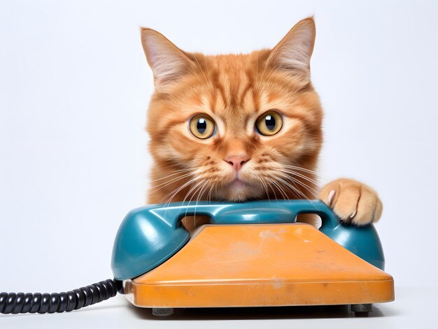 Любопытная оранжевая кошка внимательно изучает старинный синий телефон 2000sera