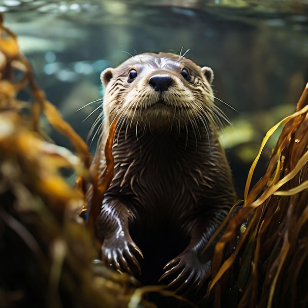 A curious otter peers from a kelp forest its whiskers twitching with anticipation for tasty morsel