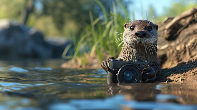 Photo a curious otter with a camera capturing the beauty of the river and sharing interesting facts about
