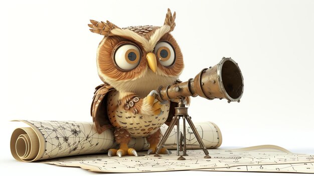 A curious owl is looking through a telescope It is standing on a rolled up map The owl is brown and white with big eyes