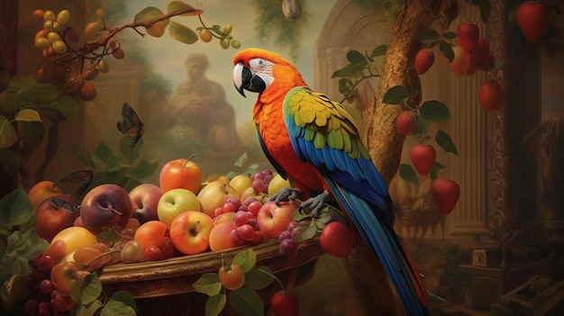 A curious parrot pecking at a piece of fruit AI generated