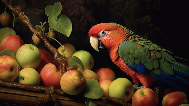 A curious parrot pecking at a piece of fruit AI generated