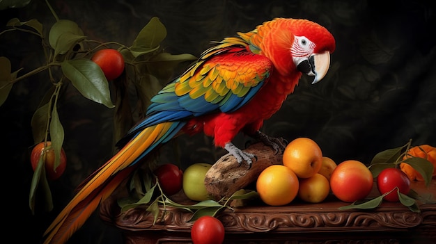 A curious parrot pecking at a piece of fruit AI generated