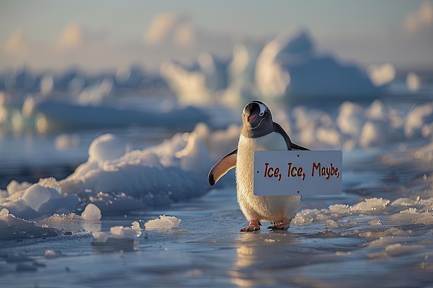 Photo curious penguin waddling across an icy landscape holding a sign that says ice ice maybe as it contemplates the frozen expanse with uncertainty