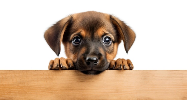 Photo curious puppy hiding behind empty board on white background