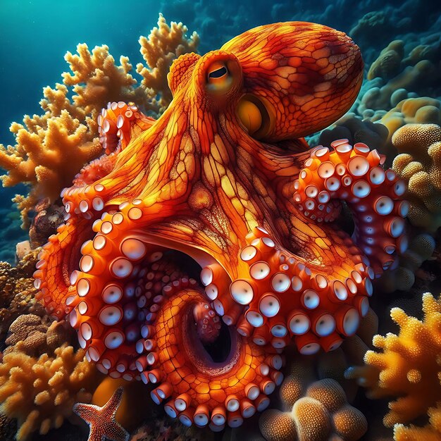 Photo a curious purple octopus with eight long arms sitting on a colorful coral reef