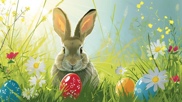 Curious rabbit amongst colorful easter eggs and spring flowers in a sunny meadow